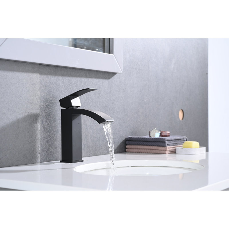 Robinet de lavabo de salle de bain avec finition noir mat et bec cascade - Bonde escamotable à poignée simple avec trop-plein attaché pour une installation facile et un service à long terme intégré