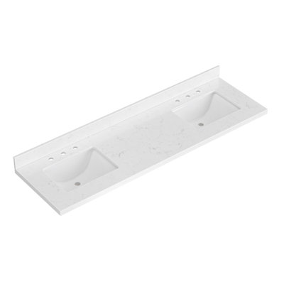 ARIEL 72 INCH CARRARA WHITE QUARTZ BATHROOM VANITY COUNTERTOP 1.5 INCH THICK MITER EDGE WITH RECTANGLE DOUBLE SINK AND INCLUDES BACKSPLASH