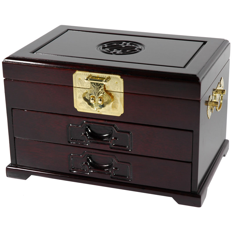 Rosewood Oriental Two Drawer Jewelry Box, Dark Rosewood