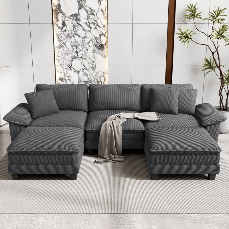 Sofa & Chaise, 5, Light Grey Corduroy