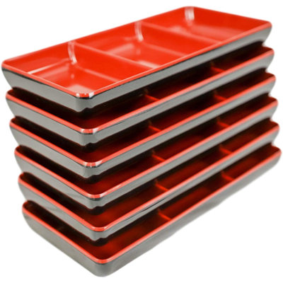 Ebros - Ensemble de 6 condiments en mélamine à l'huile de jade, ketchup, sauce soja, barbecue, bol ou plat avec séparateurs, 3 compartiments de séparation, conception traditionnelle, 2 tons de couleur, rouge, noir, fournitures de restaurant