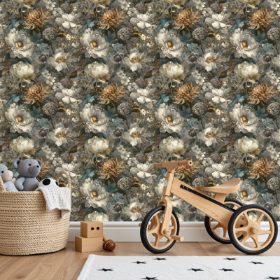 Peel and Stick PVC Wallpaper, Removable Self-Adhesive Wall Covering With Luxury Seamless Floral Garden Design Layered Leaves Blooms Print, Waterproof for Home Decor - Roll