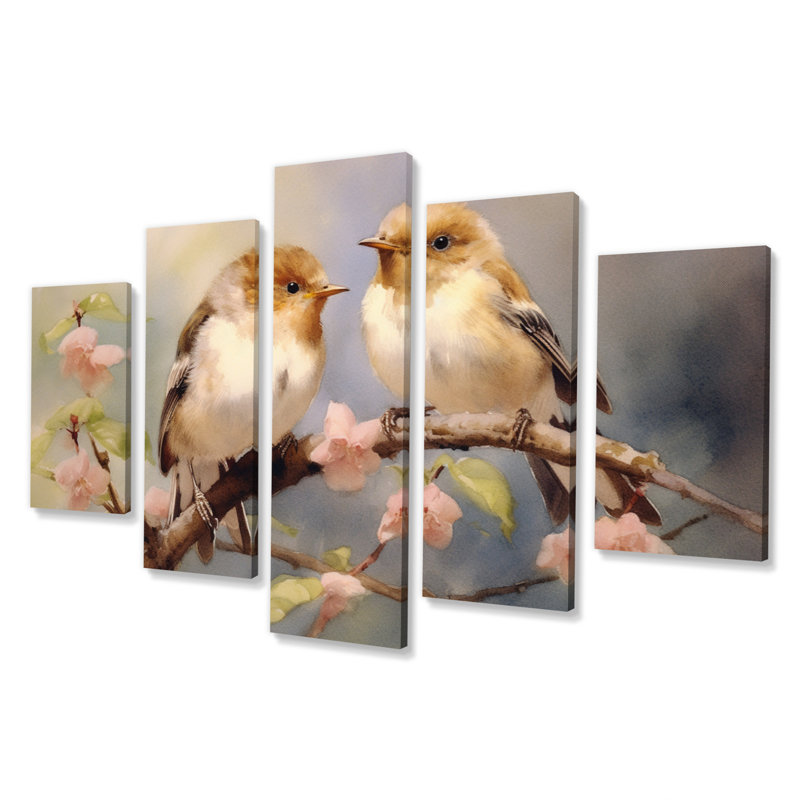 Oiseau moineau beige et brun III - animaux, décoration murale - 5 panneaux