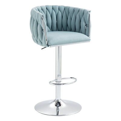 360 Swivel Bar Stools   Of 2  - Adjustable Counter Height With Woven Back & Footrest, Blue Fabric For Kitchen Island, Cafe In Footrest Cafe, Kitchen, Pub 2