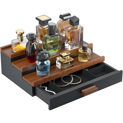 Présentoir à parfums en bois à 3 niveaux, étagère en bois pour bureau avec porte-parfum, étagère à bijoux avec tiroir, noir et noyer