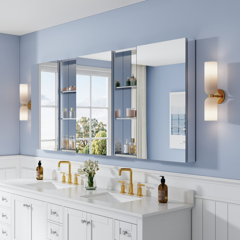 Armoire à pharmacie à miroir encastrée ou à fixation murale pour salle de bain l 84 po x H 36 po et tablettes ouvertes 