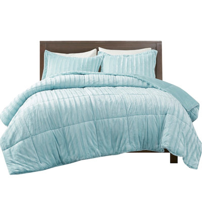 Queen Size Faux Fur Comforter - Teal Blue, , Warm 2 Shams , Cozy With Pillow
