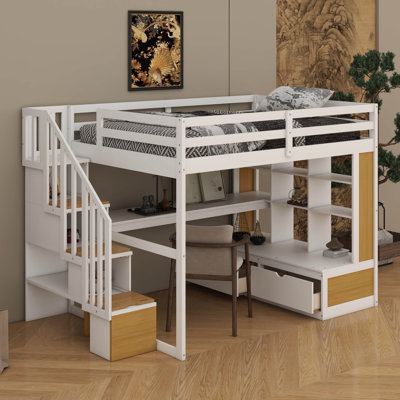 Lit mezzanine double en bois avec bureau et tablettes, lit mezzanine avec escalier de rangement et tiroirs