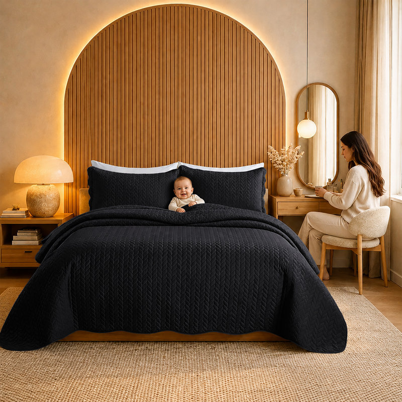 Oxford Microfiber Embossed Lightweight Comforter Set with Pillow Shams, Black, Twin Comforter + 1 Standard Sham