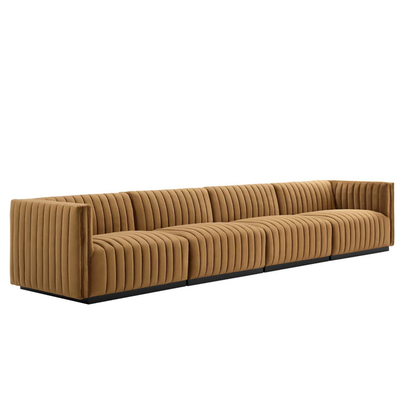Conjure Channel Tufted Sofa by Modway, Cognac Velvet, Black, 28" H x 119" W x 41.5" D