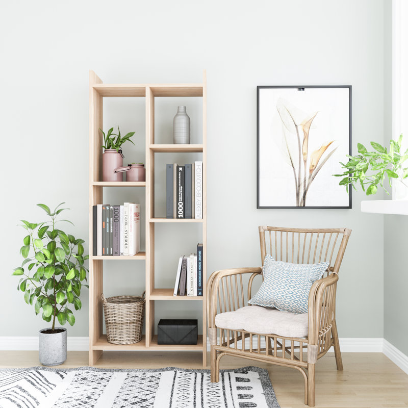 Modern Oak Bookshelf, 63.0 x 9.8 x 63.0 inches | 100% Melamine Coated Particle Board, Thickness: 0.7 inches | Numerous Shelves, Wall-Mountable Design | Scandinavian Style for Home & School Storage Solutions
