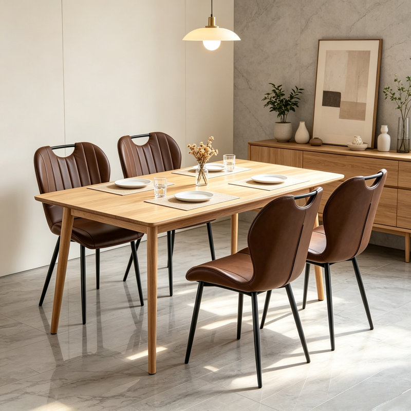 Ensemble de 4 chaises de salle à manger en polyuréthane brun moderne de 19,6 po avec poignée intégrée et pieds en métal pour la salle à manger, petits espaces