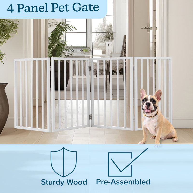 PETMAKER Pet Gate- 4-Panel Indoor Pet Fence 73x24 inch Freestanding Pet Barrier for Stairs, Doorways & Hallways – Foldable Wooden Pet Fence for Small Dogs, Puppies & Cats – No Installation, Portable (White)