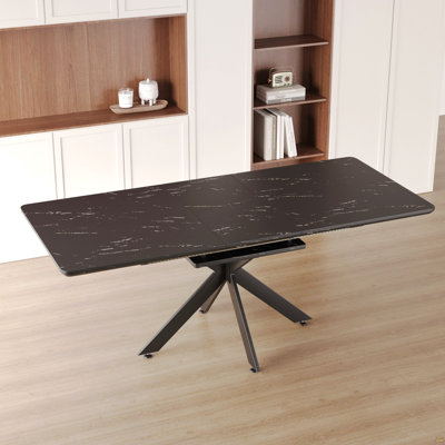 Très grande table de salle à manger de 62,15 po à rallonge de 78,15 po de style Mid-Century moderne pour la salle à manger, la table de fête, la table de conférence, les pieds en X en métal noir.