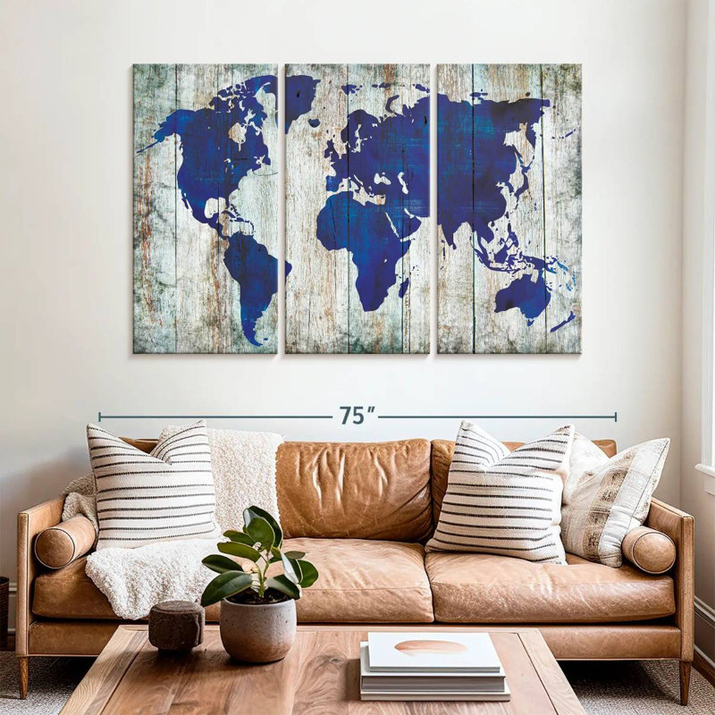 Carte du monde bleu Aliaz sur bois, H 42 po x l 65 po