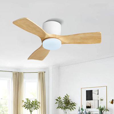 36'' Flush Mount Ceiling Fan 3 Carved Solid Wood Blades 6-Speed Noiseless Reversible DC Motor Indoor With Dimmable Light Kit And Remote, Natural Wood Grain