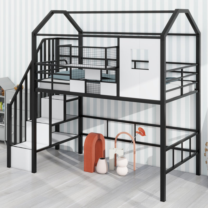 Lit mezzanine en métal avec toit et boîte de rangement, Noir