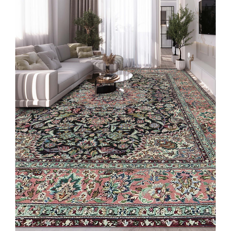 Wool Oriental Area Rug in Black/Pink/Green