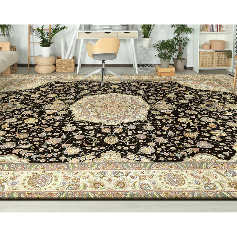 Hand Knotted Wool Area Rug in Black And Cream