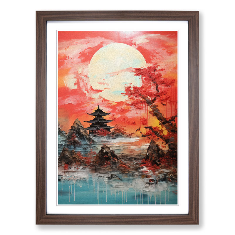 Japanese Sunset Gestural Art - Framed Print, 46cm H x 34cm W x 2cm D, Walnut Framed