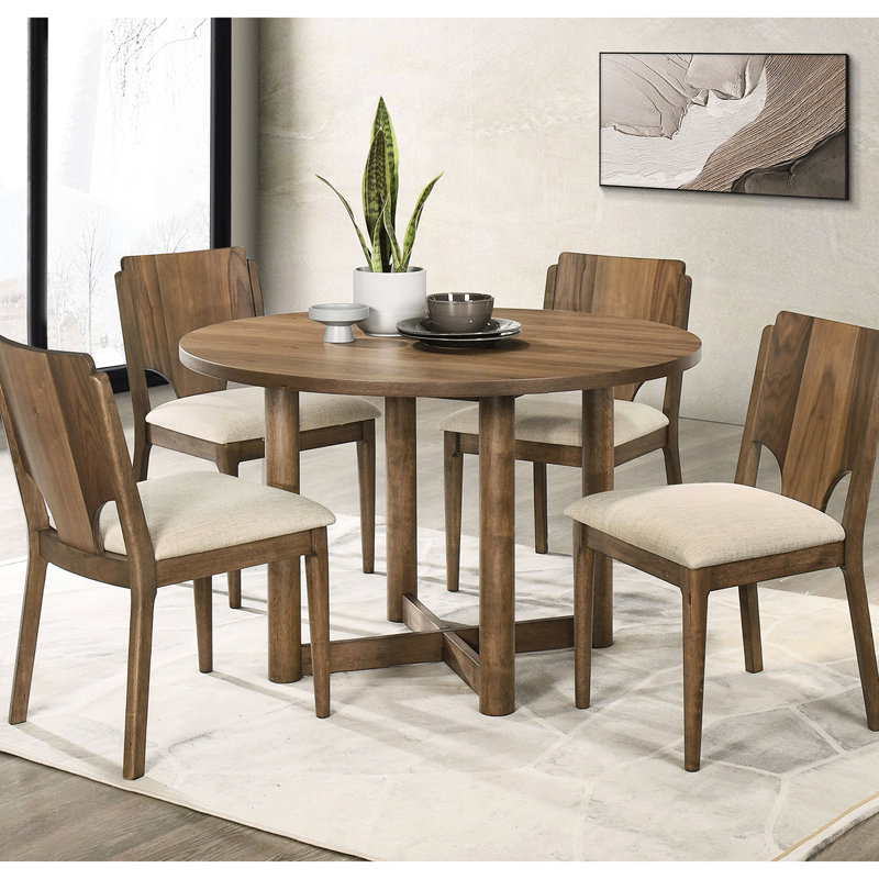 Table de salle à manger ronde et 4 chaises, placage de noyer, bois d'hévéa, revêtement beige, pour la configuration de la pièce
