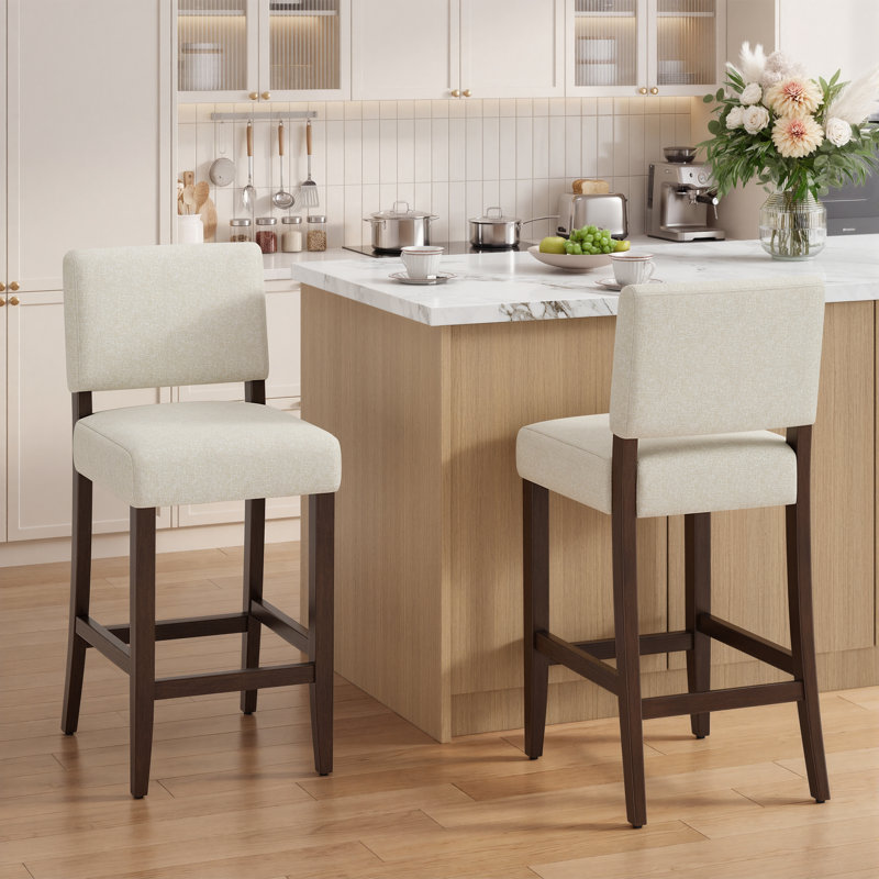 Upholstered Bar Stool with Solid Wood Frame, Beige