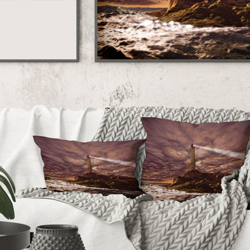 Carré, phare brillant pendant la nuit orageuse I - Coussin décoratif à imprimé nautique et côtier, 18" x 18"