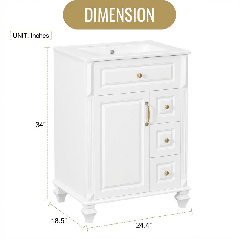 Compact Freestanding Bathroom Vanity with Ceramic Sink and Ample Storage, Featuring Flip-Out Drawer and Adjustable Shelving for Modern Bathroom Organization