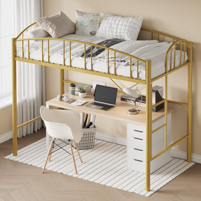 Twin Size Metal Loft Bed with Arched Guardrail and Safety Ladder - Gold Finish, Heavy Duty Frame, 400 lb Capacity