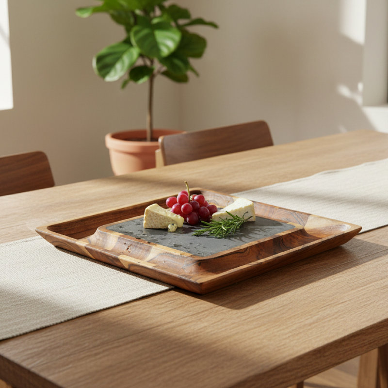 Plateau de service en acacia et pierre Marlee
