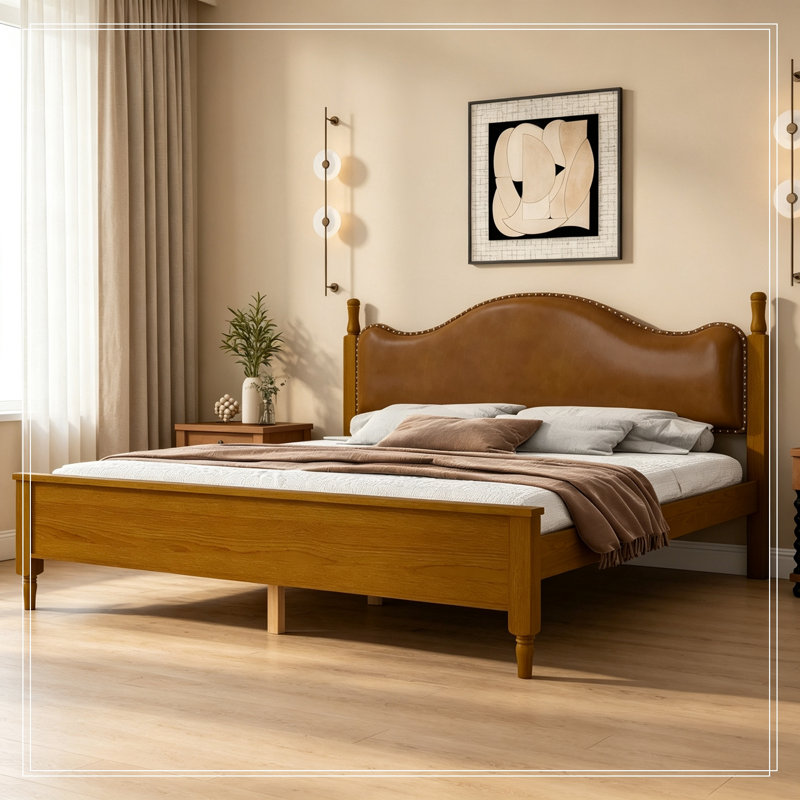 Très grande plateforme en bois avec tête de lit tapissier Impriano, Brown