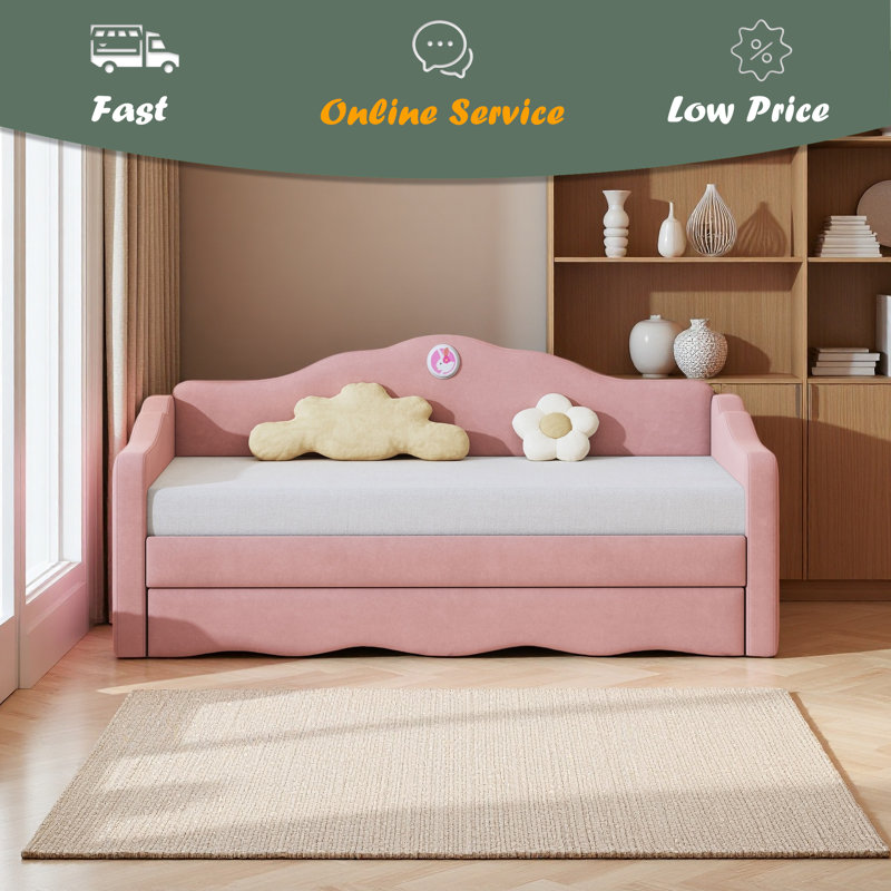 Lit de jour simple rembourré avec couchette en forme de vague, Rose