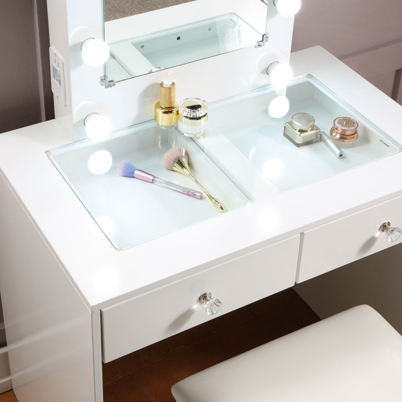 Makeup Vanity and Stool Set, White