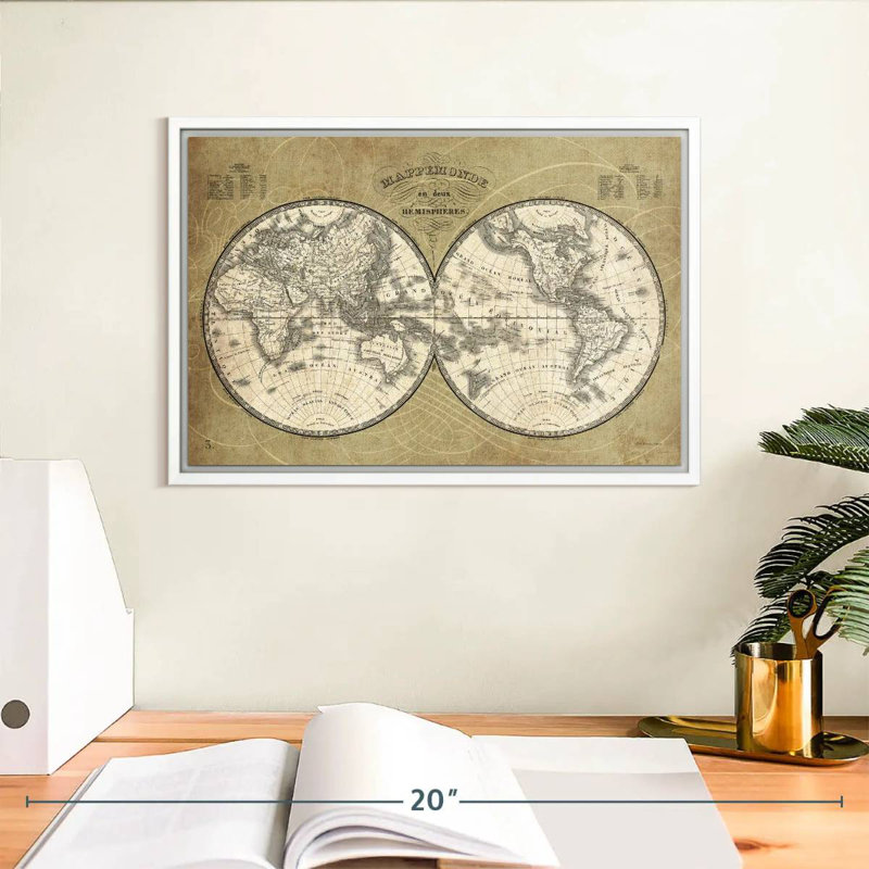 French World Map I, Floating Frame White, 31" X 21"
