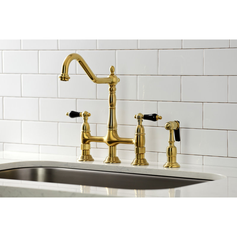 Kingston Brass Duchess Two-Handle 4-Hole Deck Mount Bridge Kitchen Faucet with Brass Side Sprayer, Brushed Brass
