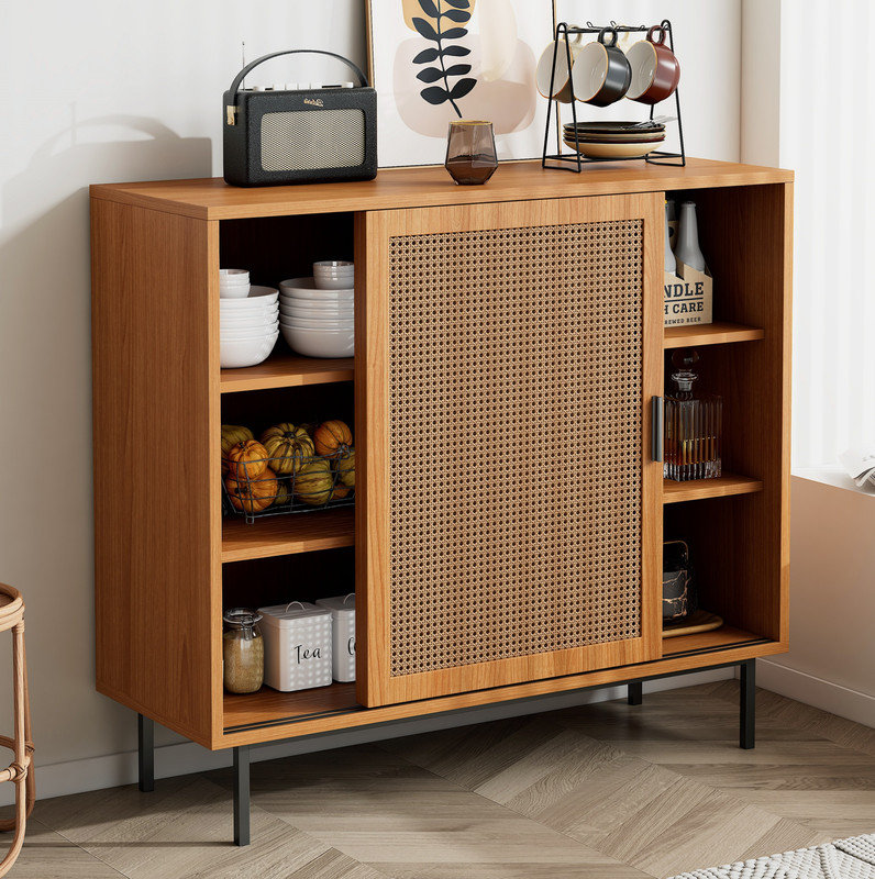 Sideboard, Kitchen Cabinet, Storage Cupboard with Rattan Decorated Doors, with 2 Sliding Barn Doors, 100 x 37 x 90 cm, Adjustable Shelves, Walnut