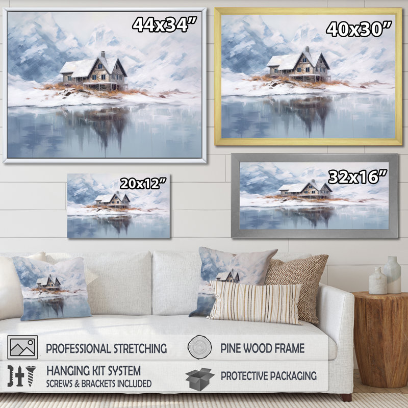«White and beige Cozy Snow Cabin», reproduction sur toile, H 16 po x l 32 po x P 1 po, Cadre flottant doré