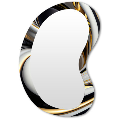Gavriela Gold Black And White Stained Glass I - Abstract Spirals Asymmetrical Mirror, Gold Unique Shape Decorative Wall Mirror, Printed Metal Art