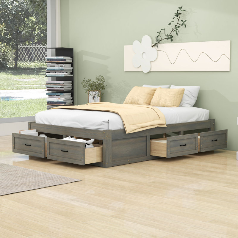 Lit plateforme en bois avec 6 tiroirs de rangement, Gris antique, Double