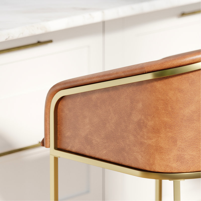 Tabouret de comptoir moderne de 26 po, similicuir brun tabac, structure dorée, patins réglables, dossier confortable à hauteur de cuisine, îlot