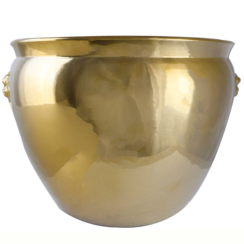 Large Shiny Asian Porcelain Planter with Lion Handles, Gold, 13" H x 16" W x 16" D