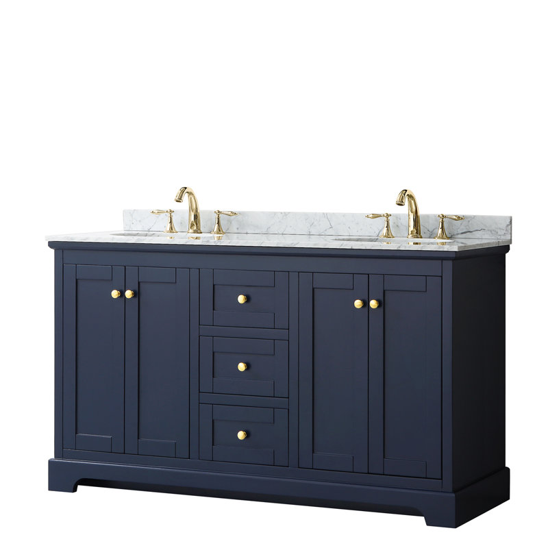 Avery 60'' Double Bathroom Vanity with Stone Top, Dark Blue, Matte Black