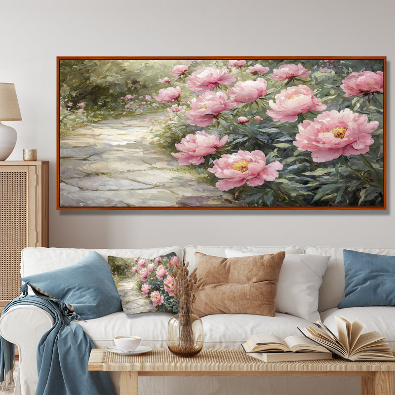 Pivoines le long du sentier du jardin I - pivoines, art mural, Brun, H 28 po x l 60 po, Impression encadrée flottante