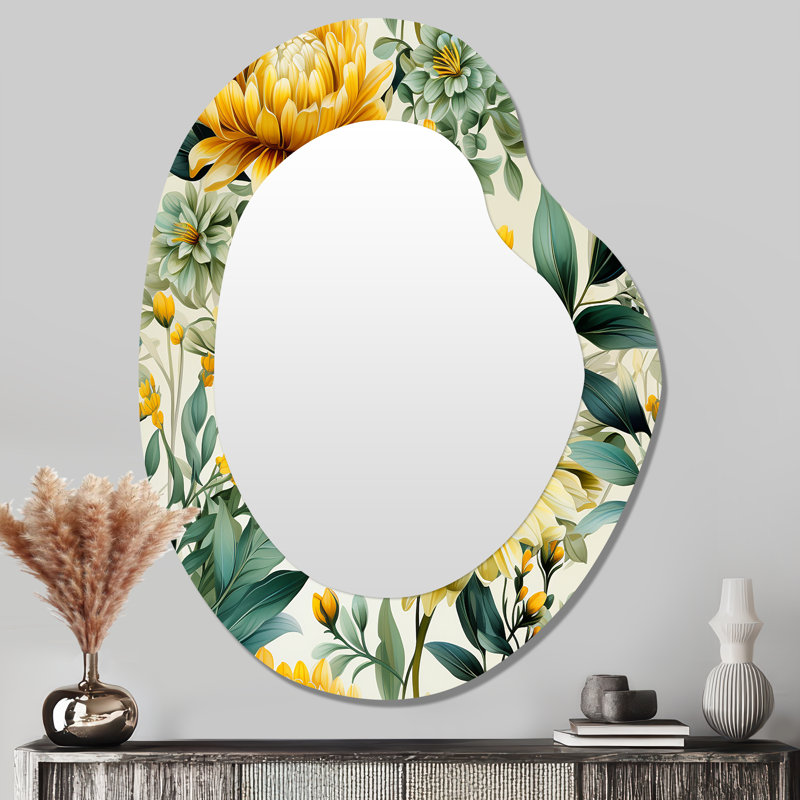 Fougères botaniques en vert et jaune I - miroir mural asymétrique floral, miroir décoratif de forme unique vert, impression d'art en métal