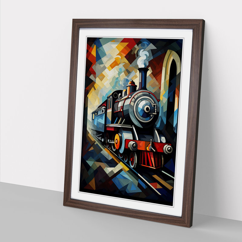 Steam Train Cubism No.3 - Single Picture Frame Print on Wood, Walnut, 34cm H x 25cm W x 2cm D
