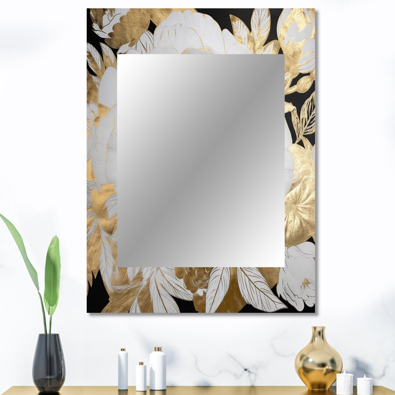 Exquisite White Rose Blooming Floral Gold Glam III - Rose Unique Wall Mirror Decor, Traditional Large Mirror, Printed Metal Art