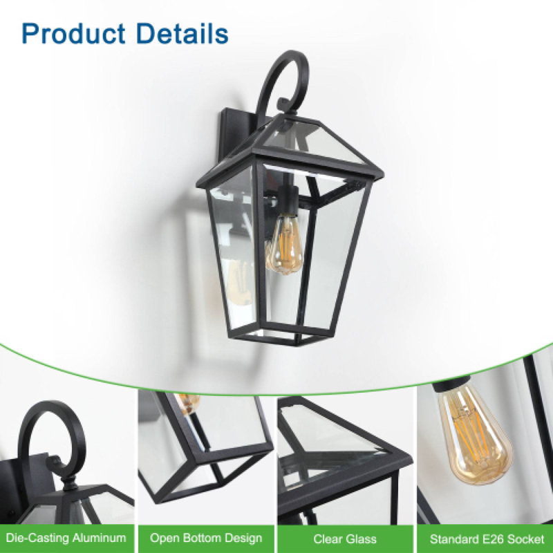 Ensemble de 1 lanterne murale 21 po H 21 po, lanterne moderne en métal noir transparent pour porche de jardin (ampoule non incluse)