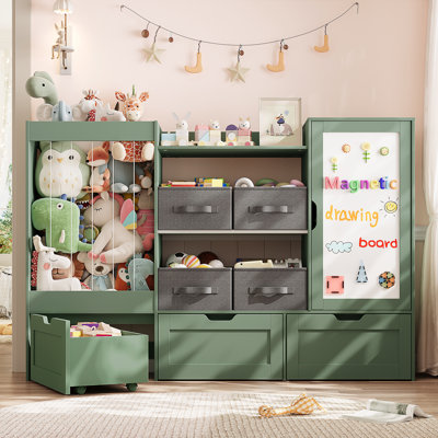 Organisateur de rangement pour jouets de 155 cm de large, rangement pour peluches, 3 grands tiroirs amovibles, 4 bacs de rangement en tissu et tableau à dessin magnétique avec armoire de rangement cubique pour chambre d'enfant, salle de jeux, chambre à coucher (vert)