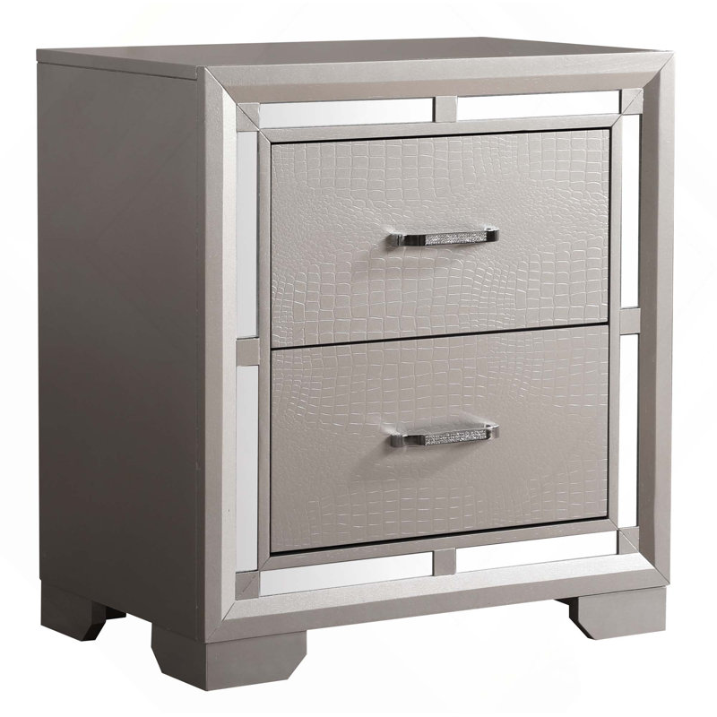 Elegant Silver Champagne Nightstand With 2 Ample Drawers