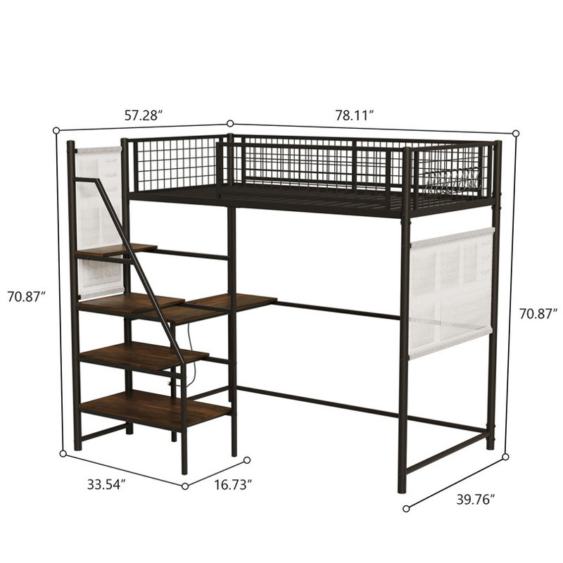 Twin sized loft metal bed with white for bedroom and dormitory, with built-in charging station and LED lighting, Black, Twin
